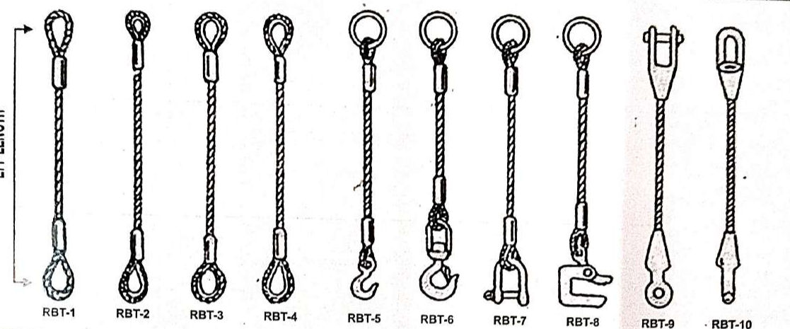Vertical sling types RBT-1 to RBT-10 with soft eye, thimble eye, hooks, shackles, sockets and swaged ends
